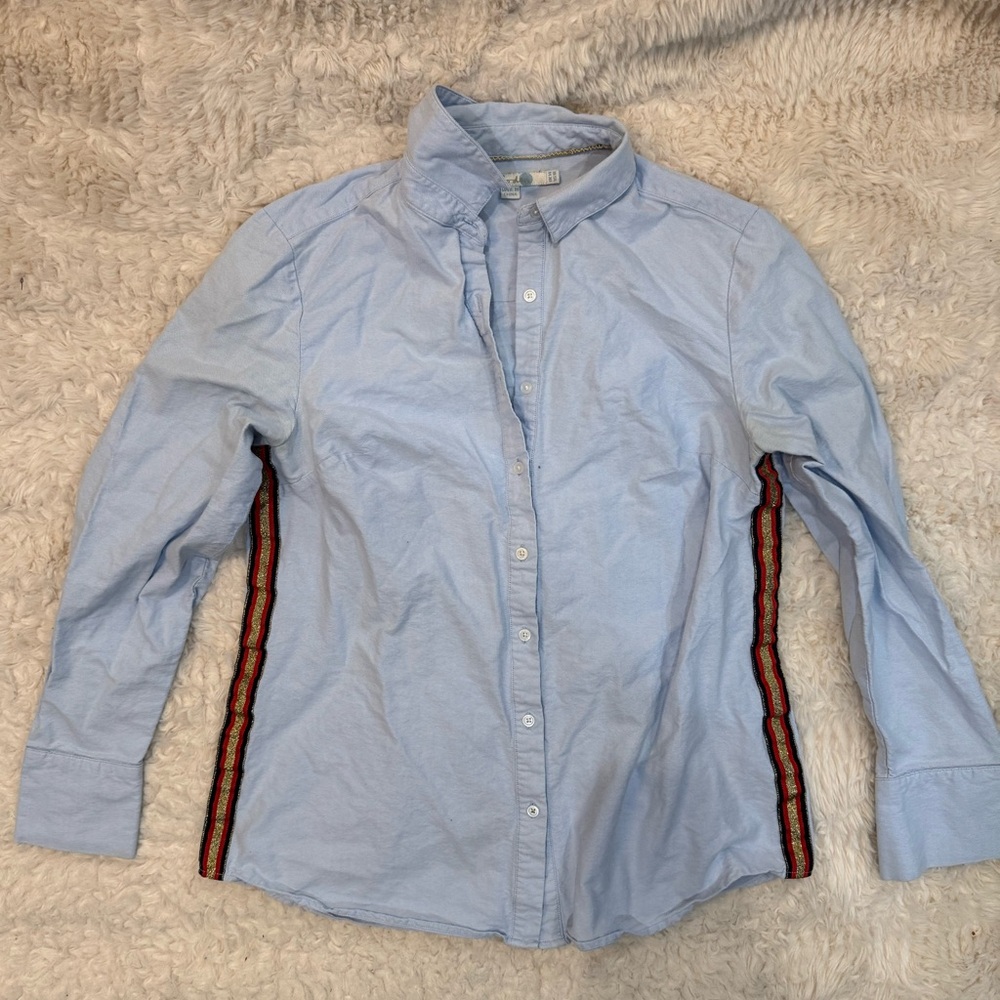 Boden Light Blue Button-Down Shirt with Red & Black Side Stripes